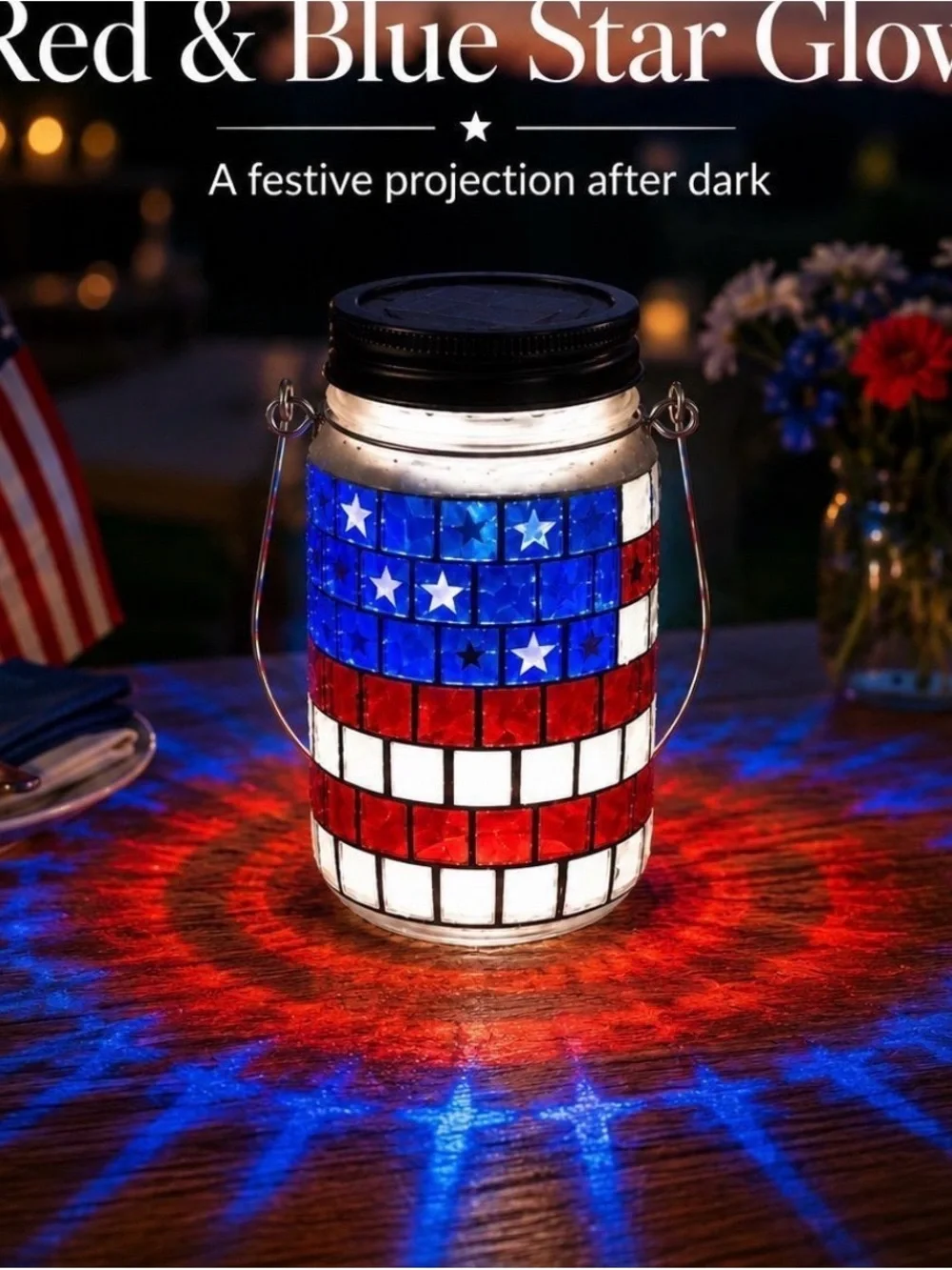Solar Power Patriotic Mosaic Mason Jar Lantern